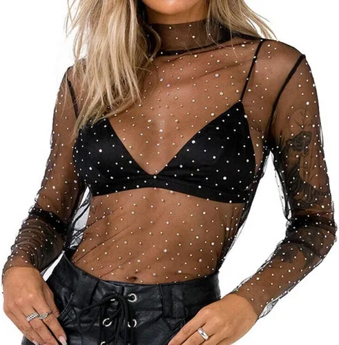 Miniatura 2 de Top sexy de malla transparente para mujer, con diamantes de imitación de manga larga
