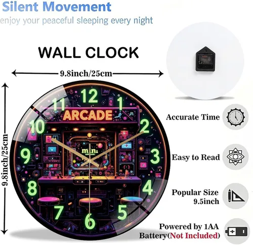 Miniatura 3 de 12-Inch Silent Tempered Glass Wall Clock, Retro Mini Arcade Clock Neon Art(1) ” Silent Non-Ticking Clock, Battery Operated