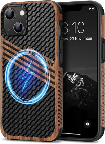Miniatura 20 de TENDLIN Funda Magnética Compatible con iPhone 14 Plus Funda de Madera con Textura de Fibra de Carbono Diseño Híbrido de Cuero Cubierta Delgada Negro