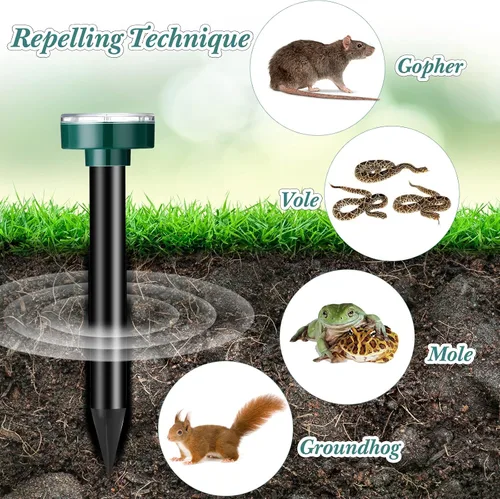 Miniatura 4 de Repelente solar de topos, repelente ultrasónico de topos, alimentado por energía solar, disuasorio de ondas sonoras para exteriores, para césped