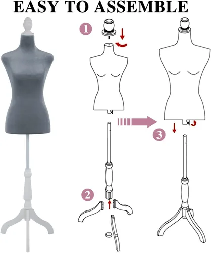 Miniatura 6 de Base de trípode de madera, maniquí femenino, forma de vestido de torso de 50 a 63 pulgadas, altura ajustable para coser, cuerpo de espuma (gris)