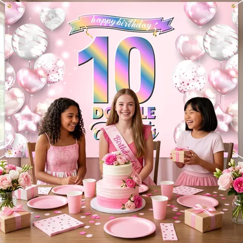 Miniatura 7 de Cartel de feliz cumpleaños número 10, telón de fondo de arcoíris degradado de doble dígito, fondo rosa de 10 años, decoraciones de cumpleaños