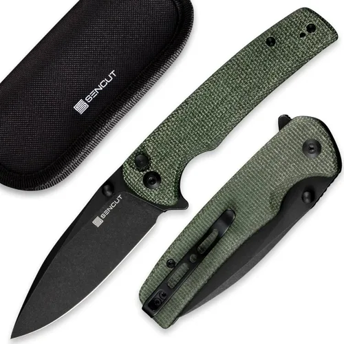 SENCUT Cuchillo de bolsillo plegable Sachse para EDC, mango de madera Micarta verde, hoja de 9Cr18MoV, cuchillo plegable con clip, bloqueo de botón,