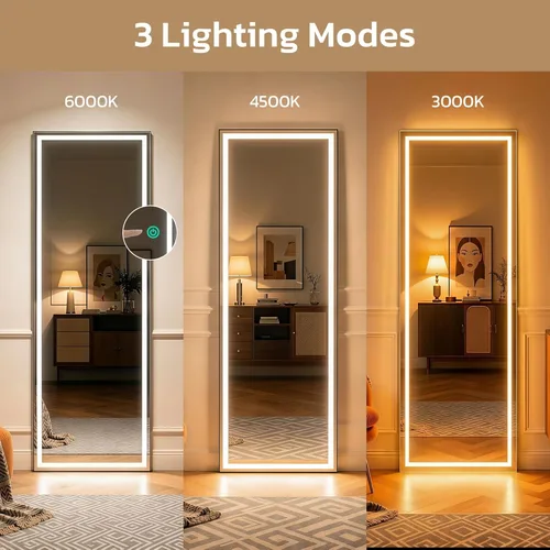 Miniatura 3 de Espejo de longitud completa de 64 x 21 pulgadas con luces LED, espejos con atenuación y 3 colores, espejos de cuerpo completo con marco fino