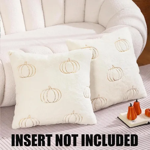 Miniatura 2 de Juego de 2 fundas de almohada de Acción de Gracias de 18 x 18 pulgadas, fundas de almohada de calabazas bordadas de lentejuelas blancas
