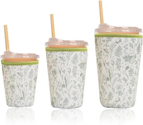 Miniatura 11 de Funda aislante reutilizable para taza de café helado, paquete de 3 fundas de neopreno para bebidas frías y calientes, soporte para bebidas para café