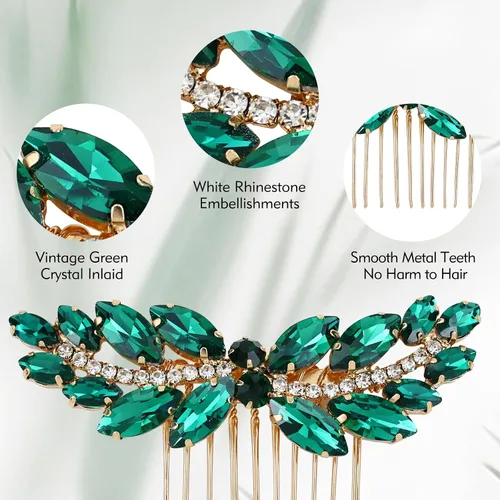Miniatura 5 de inSowni 7 piezas vintage de graduación nupcial con purpurina verde con diamantes de imitación de cristal dorado de metal dorado peines laterales