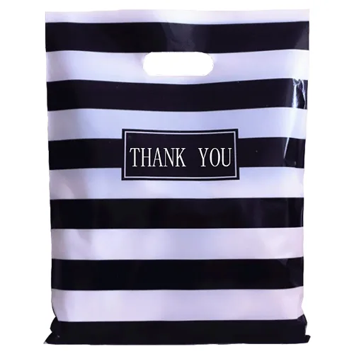 Miniatura 8 de 100 bolsas grandes de plástico troqueladas con asa de 16 x 18 pulgadas, diseño de rayas blancas y negras, para compras, boutiques, fiestas, 100