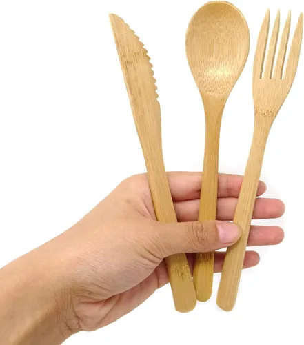 Miniatura 5 de Honbay - Juego de cubiertos de bambú de 3 piezas de estilo japonés creativo, ecológico, utensilios reutilizables con una bolsa retro