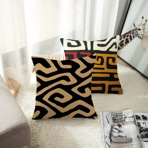 Miniatura 2 de ArtSocket Juego de 4 fundas de almohada naranja tribal Kuba inspiradas en la tierra, colores geométricos, étnicos, negro, marrón, barro, africano