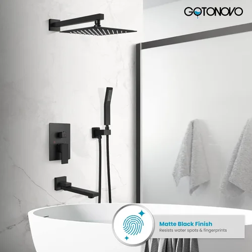 Miniatura 8 de gotonovo Grifo de ducha negro mate, montaje en pared, sistema de ducha de baño de triple función con boquilla de bañera, cuadrado de alta presión