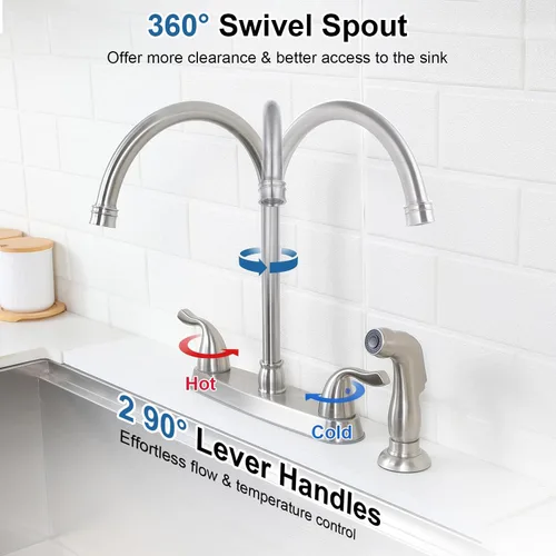 Miniatura 3 de Grifo de Cocina SHACO con Rociador Lateral, Grifo de Fregadero de Acero Inoxidable de 2 Asas con Línea de Suministro de Agua, Grifo de Cocina