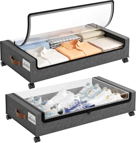 Miniatura 9 de Yecaye Almacenamiento Debajo de la Cama con Ruedas, 2 Paquetes de Cajas de Almacenamiento Debajo de la Cama con Tapas Transparentes y Etiqueta, 60L