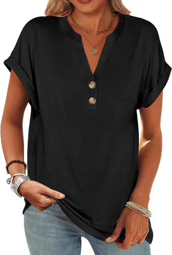 ANRABESS - Camisetas Henley de manga corta para mujer, cuello en V, elegantes, estilo informal, de corte suelto; blusas fluidas de verano, ropa de