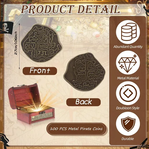 Miniatura 2 de Hanaive 100 Piezas Monedas de Pirata de Metal Cofre del Tesoro Doblón Español Monedas Falsas Fichas para Niños Juegos de Mesa Fiesta Pirata Cosplay