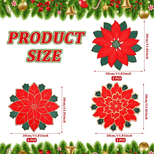 Miniatura 3 de Ziliny 6 manteles individuales bordados de flor de pascua de Navidad de doble capa, manteles individuales bordados con flores rojas, apliques