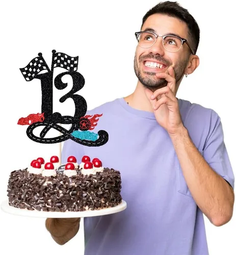 Miniatura 5 de Decoración para tartas de cumpleaños número 13, decoración para tartas de trece años con purpurina rápida, bandera a cuadros, pista de carreras