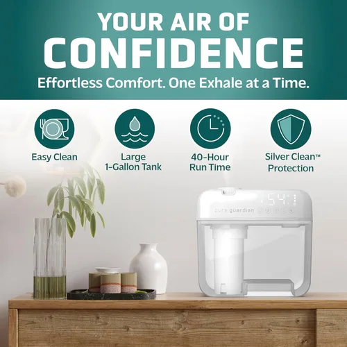 Miniatura 2 de PureGuardian Humidificador ultrasónico de niebla fría de 1 galón, tiempo de funcionamiento de 48 horas, calas de 410 pies cuadrados, humidistato