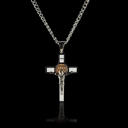Miniatura 4 de Unique Saint Benedict Crucifijoen dos tonos de oro y plata color inoxidable St Benedict Cruz Collar