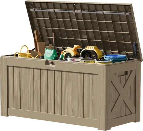 Miniatura 34 de JUMMICO Caja de resina de 31 galones, cajas de almacenamiento impermeables para interiores y exteriores para muebles de patio, cojines y Negro