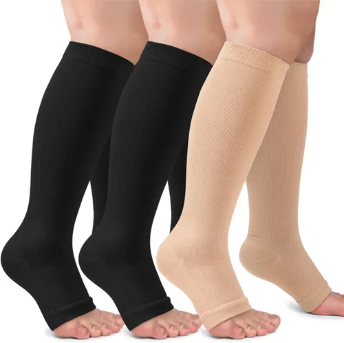 Paquete de 3 calcetines de compresión de cobre para mujeres y hombres, 20-30 mmHg con punta abierta hasta la rodilla, medias altas para soporte de