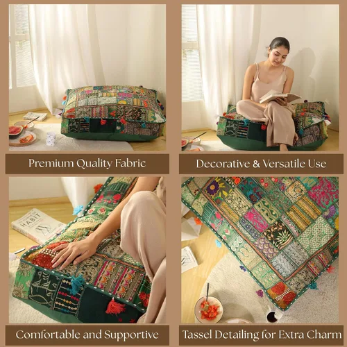 Miniatura 6 de THE ART BOX Almohadas de Suelo y Fundas de Cojín de Algodón Patchwork Vintage Boho Bordadas, Puf para Perro, Puf de Asiento, Almohada de Meditación