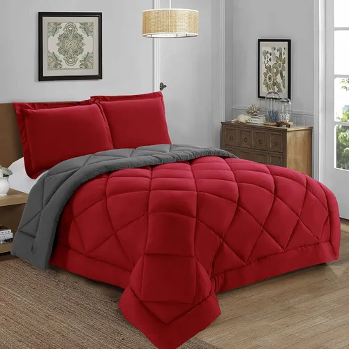 Miniatura 4 de Elegant Comfort Juego de edredón reversible de 3 piezas para todas las estaciones, ultra suave, edredón alternativo al plumón, King, rojo/gris