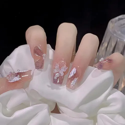 Miniatura 17 de Uñas postizas a presión con diseños de longitud media, forma de ataúd, cobertura completa, reutilizables, con pegamento, uñas adhesivas