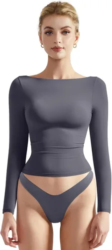 Miniatura 15 de SUUKSESS Camiseta de mujer con cuello redondo, manga larga, doblemente forrada, ajustada y corta
