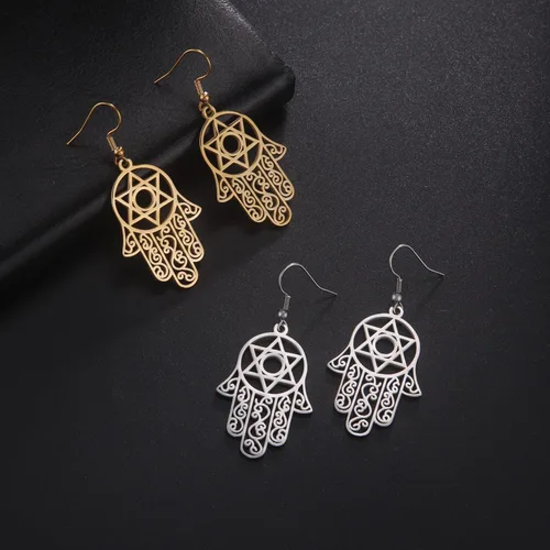 Miniatura 5 de Hamsa - Aretes hexagonales de mano de Fátima con estrella de David contra el mal de ojo, nudo celta judío, protección para mujer, amuleto