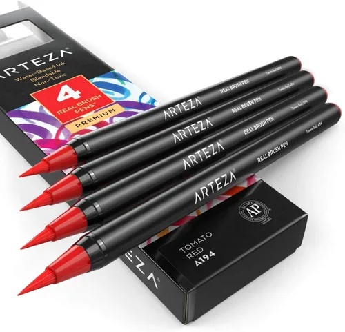 Miniatura 37 de Arteza Bolígrafos de pincel real, A174 gris delfín, paquete de 4, bolígrafos de acuarela con puntas de pincel de nailon, suministros de arte