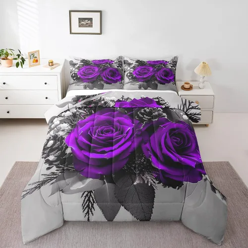 Miniatura 11 de Juego de edredón de rosas rojas, tamaño individual, juego de ropa de cama floral rojo degradado negro para niñas, mujeres, niños, adolescentes