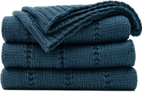 Miniatura 12 de RECYCO Manta de punto trenzado azul para sofá, súper suave, cálida y acogedora, manta de punto decorativa de 2.3 libras para cama, sofá, silla, 50 x