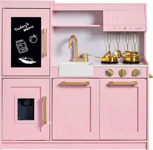Miniatura 18 de Best Choice Products Juego de juguetes de madera para niños con diseño realista, teléfono, utensilios, horno, microondas, fregadero - negro