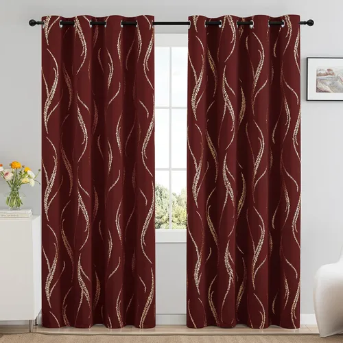 Miniatura 2 de Yakamok Cortinas opacas de 84 pulgadas de largo para sala de estar, con aislamiento térmico, patrón de líneas onduladas doradas, patrón de puntos