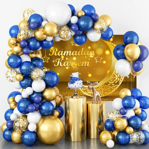 Miniatura 2 de Fondo de fotografía de Eid Mubarak de 5 x 3 pies, oro dorado, luna creciente, estrellas, decoración de gotas colgantes brillantes doradas