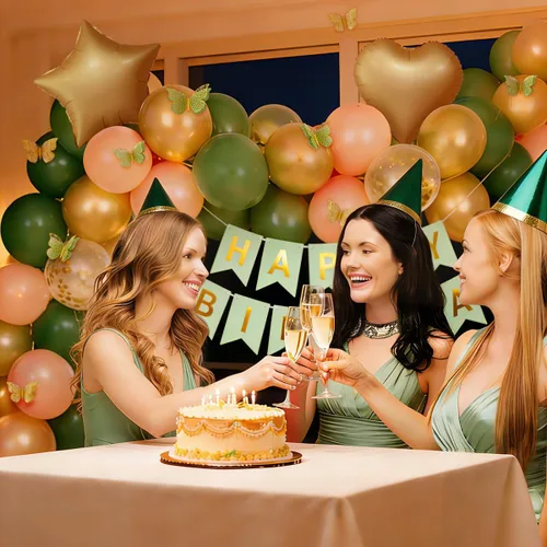 Miniatura 6 de Decoraciones de cumpleaños verde salvia con pancarta de feliz cumpleaños, cortinas, globos de corazón y estrella, decoración de mariposa y luz LED