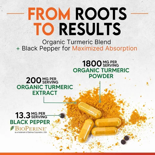 Miniatura 7 de Suplemento de curcumina de cúrcuma – 1800 mg de cúrcuma orgánica por porción – 95% de curcuminoides y extracto de pimienta negra BioPerine para una