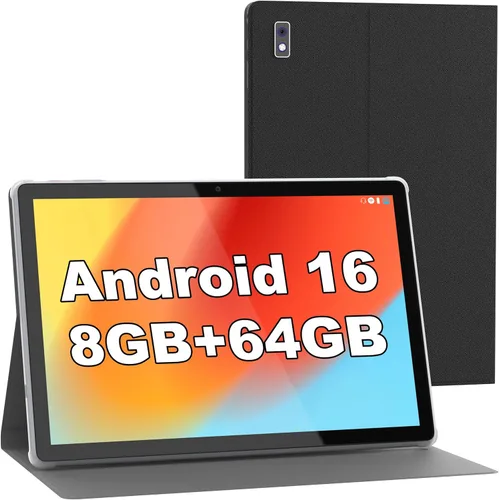 BYYBUO Tablet Android 14, tablet de 10.1 pulgadas con estuche, 6GB RAM 64GB ROM procesador de cuatro núcleos batería de 5000mAh, pantalla táctil IPS