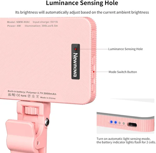 Miniatura 2 de Newmowa Luz rosa recargable para selfie, luz de video portátil con clip para teléfono/portátil/cámara con sensor inteligente, 3 modos, batería