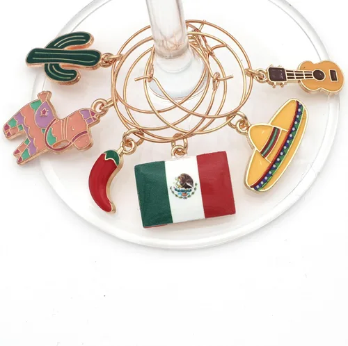 Miniatura 5 de Amuletos de copa de vino de México, idea de regalo mexicana, decoración de fiesta, juego de 6 amuletos incluye: piñata, bandera mexicana, pimiento