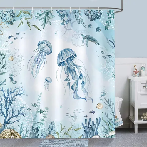 Bonhause - Cortina para ducha de medusa, cortina de baño de tortuga azul teja y mar azulado, diseño costero de playa, de 72 x 72 pulgadas, de