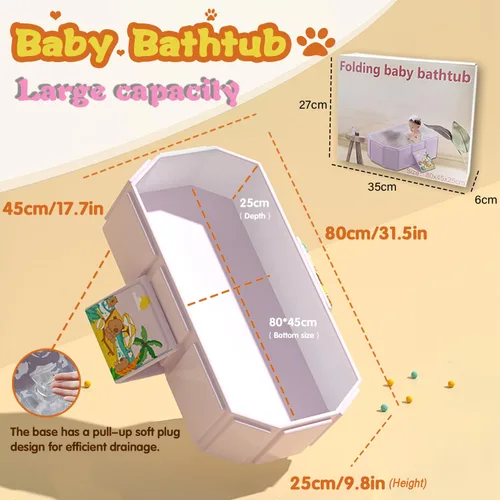 Miniatura 3 de Bañera plegable para bebés, bandeja de ducha antideslizante portátil para niños, bañera para niños pequeños con tapón de drenaje, piscina de agua