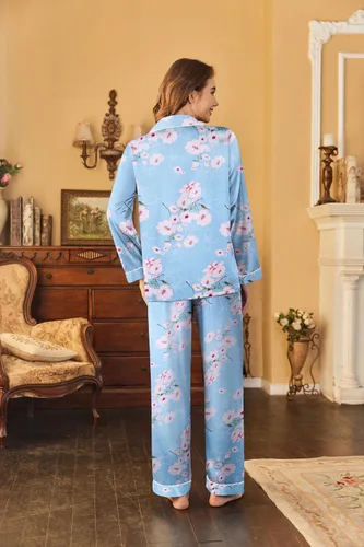 Miniatura 5 de Ekouaer - Conjunto de pijama clásico de seda satinada, con botones, para mujer