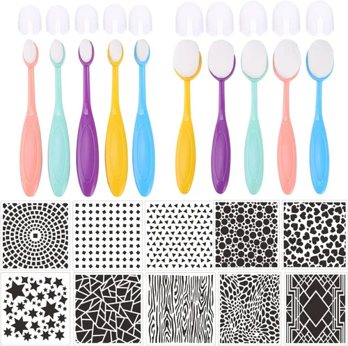 Juego de 10 pinceles de mezcla de tinta, para manualidades, manualidades, papel para manualidades, con 6 plantillas de plástico para hacer tarjetas,