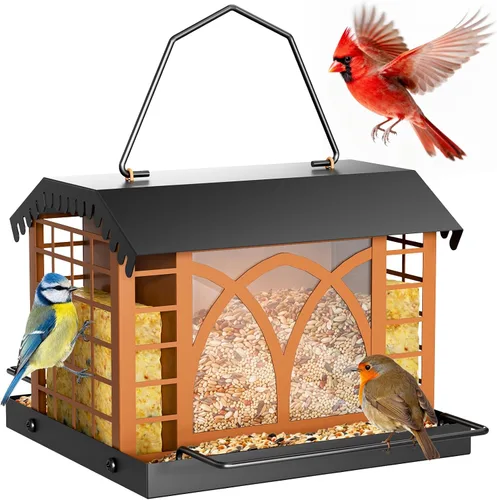 Comederos para pájaros para colgar al aire libre, comedero de metal para pájaros con doble jaula de sebo resistente a la intemperie, techo de metal