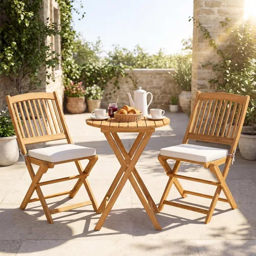 Miniatura 7 de Giantex Juego de 3 piezas de mesa plegable de madera, 2 sillas acolchadas para jardín, muebles de exterior mesa redonda (natural y beige)