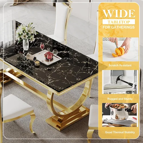 Miniatura 6 de Juego de mesa de comedor de mármol de 70 pulgadas para 6, mesa de cocina grande y sillas de cuero negro, mesas de comedor modernas negras y doradas