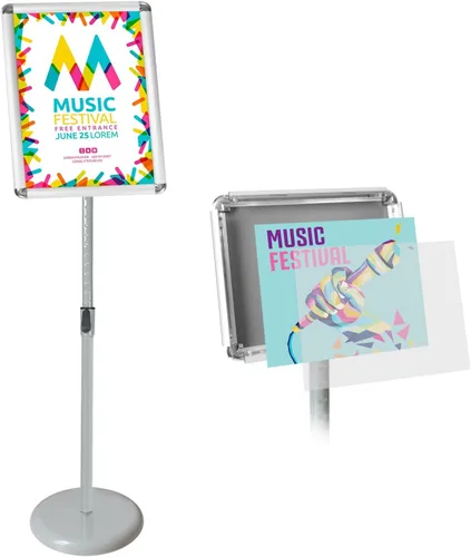 Miniatura 7 de Soporte ajustable para letreros de pedestal, soporte para póster de aluminio, marco abierto para 8.5 x 11 pulgadas con base redonda pesada, muestra