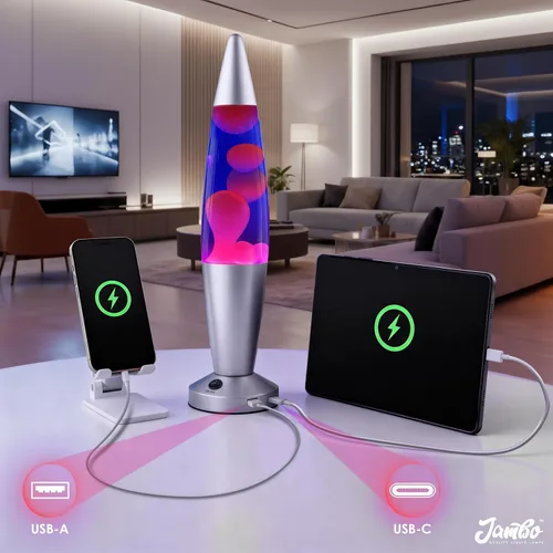 Miniatura 5 de JAMBO Hermosa lámpara líquida con puertos USB, luz de movimiento de 16" con líquido azul y cera morada, luz nocturna relajante, luz ambiental
